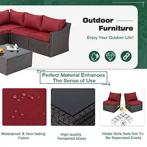 7 Pcs Patio Furniture Set All Weather Sectional Sofa with Red Cushion & Coffee Table