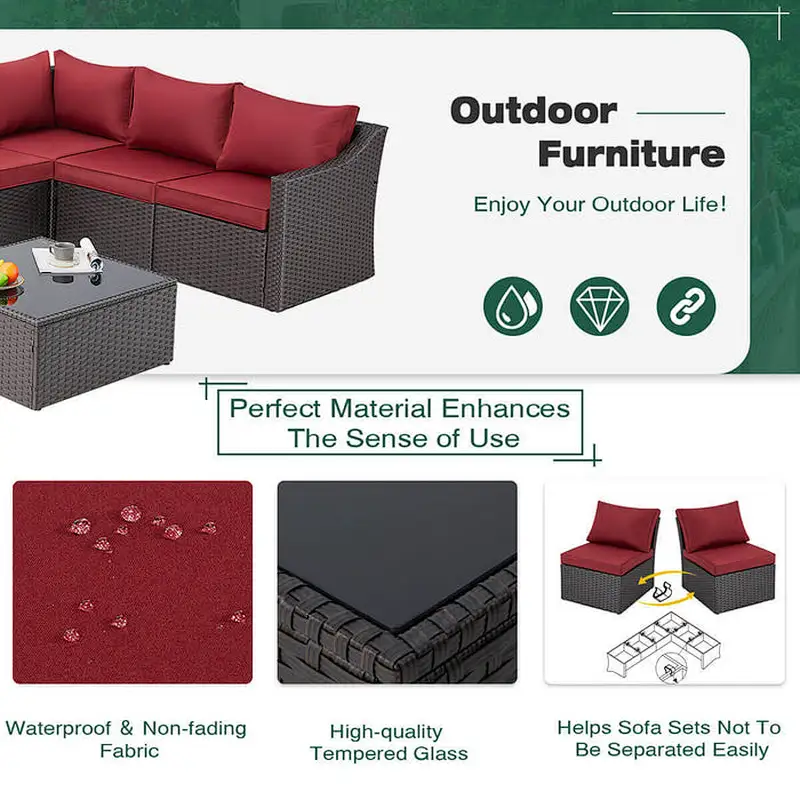 7 Pcs Patio Furniture Set All Weather Sectional Sofa with Red Cushion & Coffee Table
