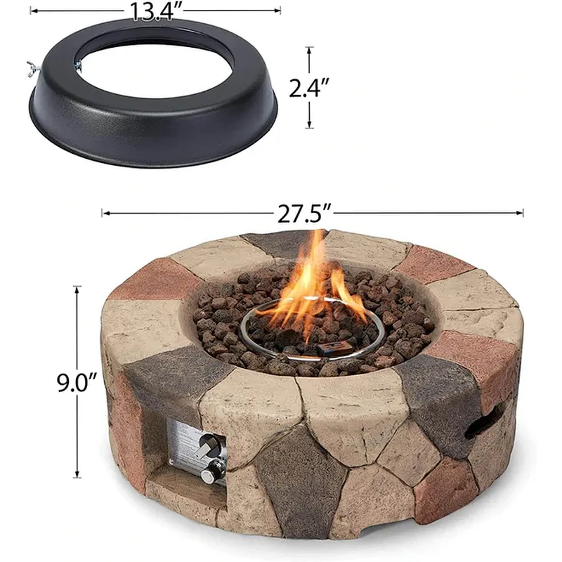 28'' Round Propane Gas Fire Pit 40000 BTU Stone Fire Pit w/ Lava Rocks, Cover, Tank Holder