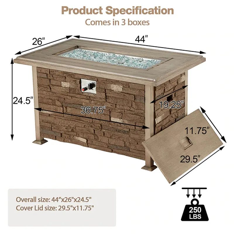 44'' Propane Gas Fire Pit Table 50000 BTU Auto-Ignition w/ Aluminum Tabletop,Waterproof Cover, Glass Beads, Coffee