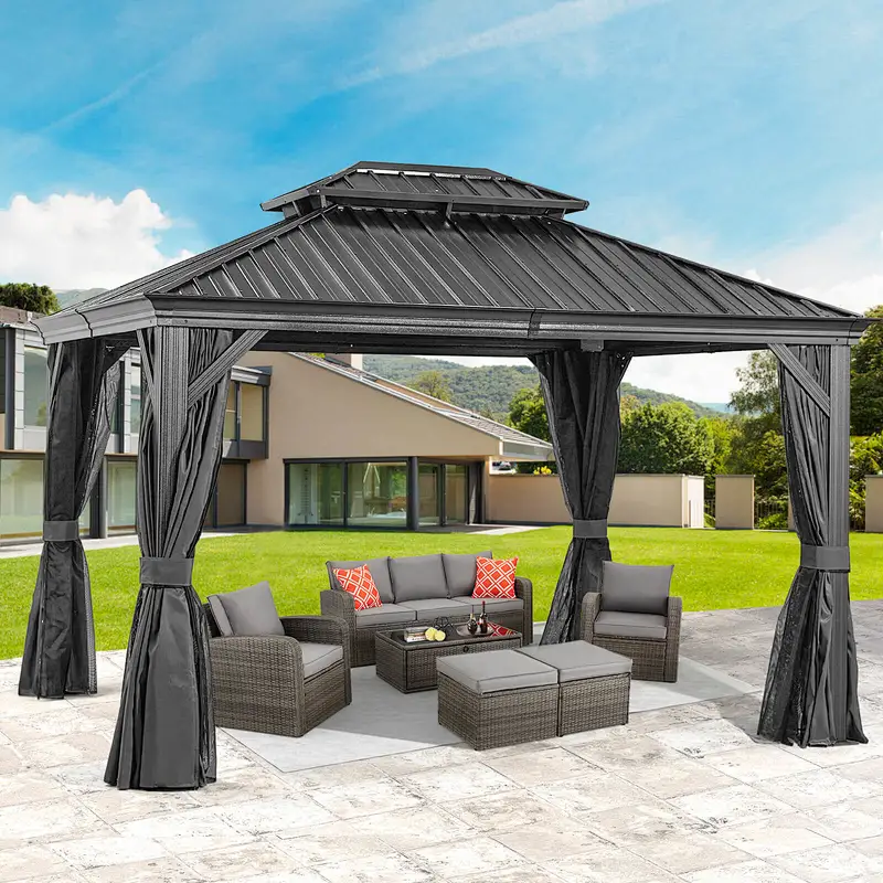 10'x12' Hardtop Gazebo Galvanized Steel Double-Roof Gazebo w/ Netting Curtain, Black