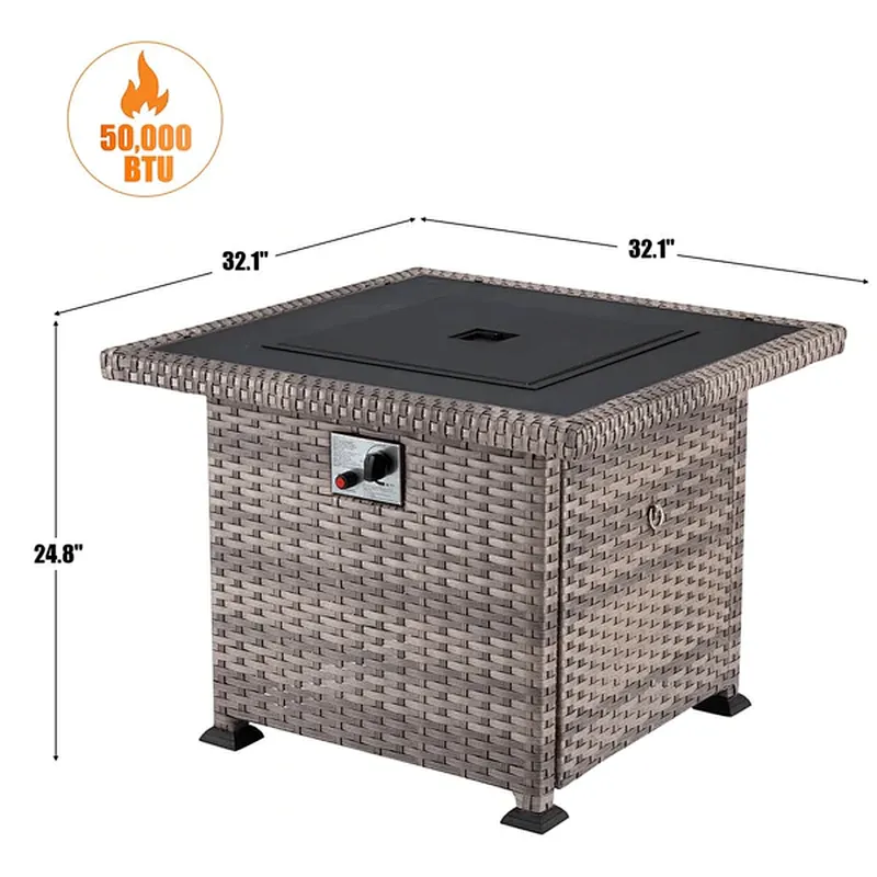 32'' Propane Fire Pit Table, 50000 BTU Square Gas Fire Pit w/ Glass Beads & Waterproof cover