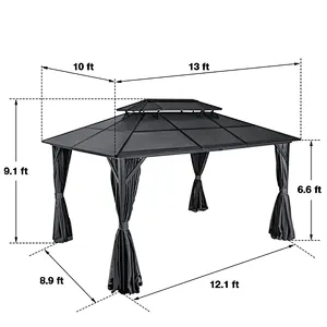 10'x13' Hardtop Patio Gazebo Canopy Polycarbonate Double-Roof w/ Netting Curtains, Black