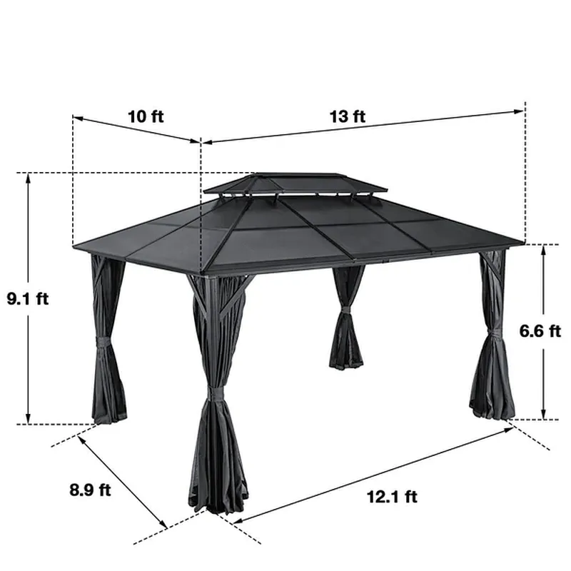 10'x13' Hardtop Patio Gazebo Canopy Polycarbonate Double-Roof w/ Netting Curtains, Black