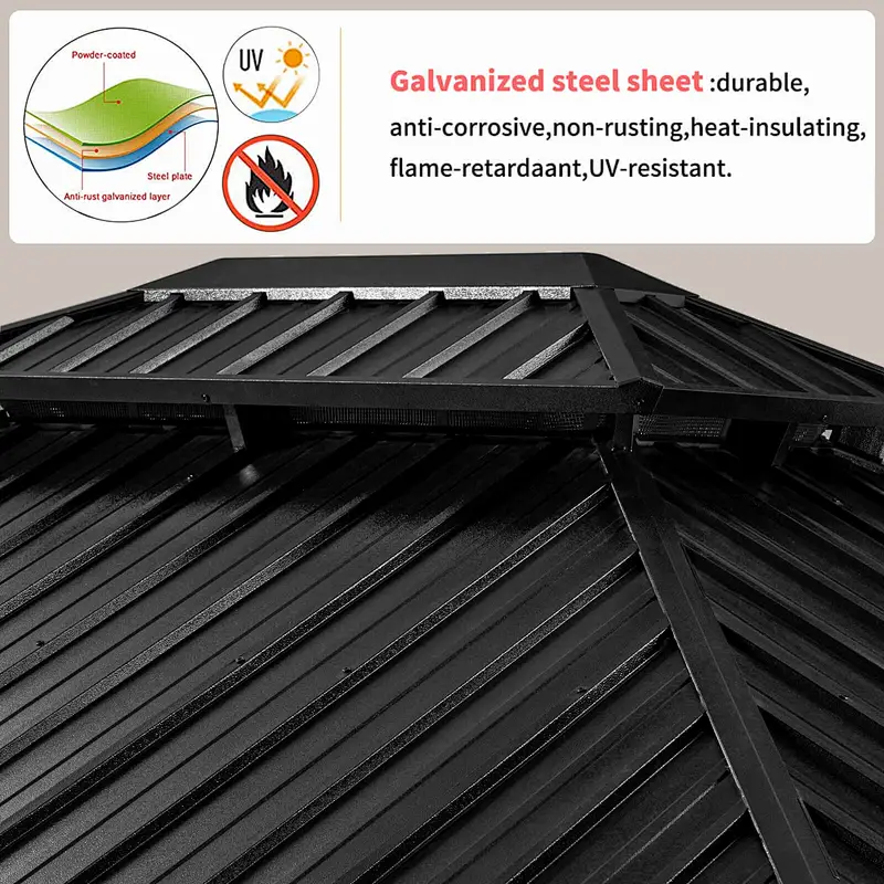 10'x12' Hardtop Gazebo Galvanized Steel Double-Roof Gazebo w/ Netting Curtain, Black