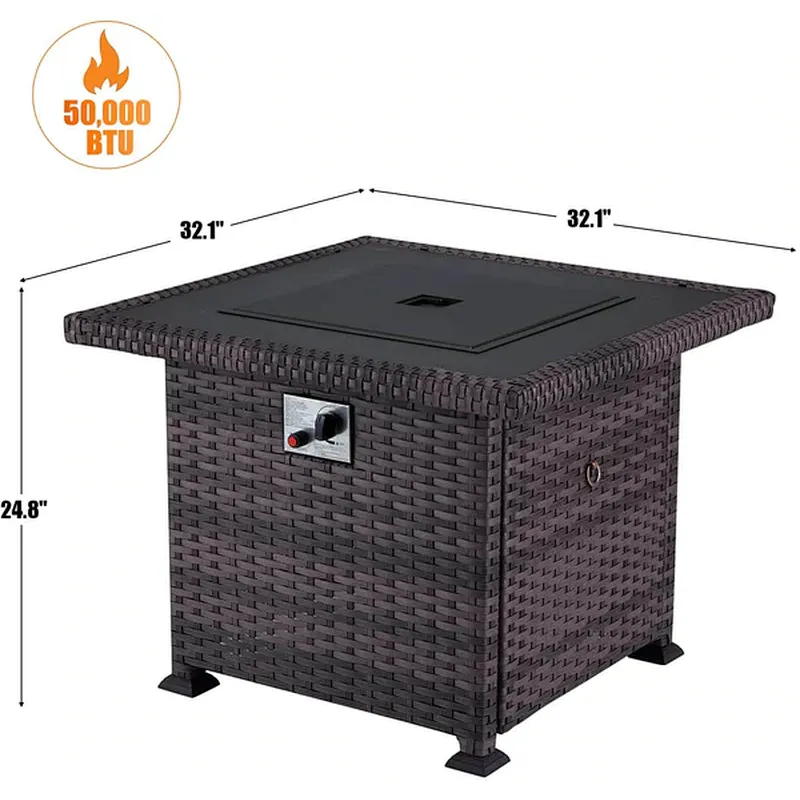 32'' Propane Fire Pit Table, 50000 BTU Square Gas Fire Pit w/Glass Rocks, Brown