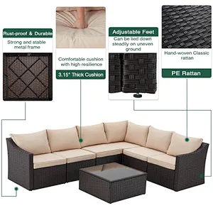 7 Pcs OutdoorPatio Furniture Set All Weather Patio Furniture Set w/ Khaki Cushion & Coffee Table Patio Furniture Set Rattan Sectional Sofa