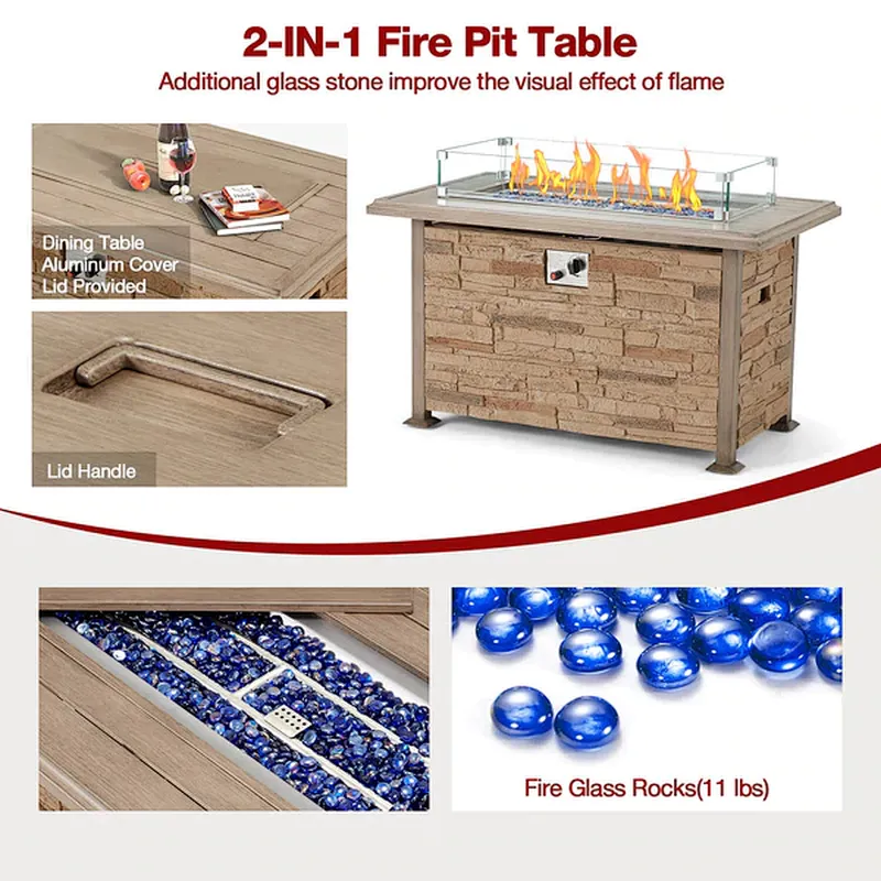 44'' Propane Gas Fire Pit Table 50000 BTU Auto-Ignition w/ Windguard, Aluminum Tabletop,Waterproof Cover, Glass Beads, Brown