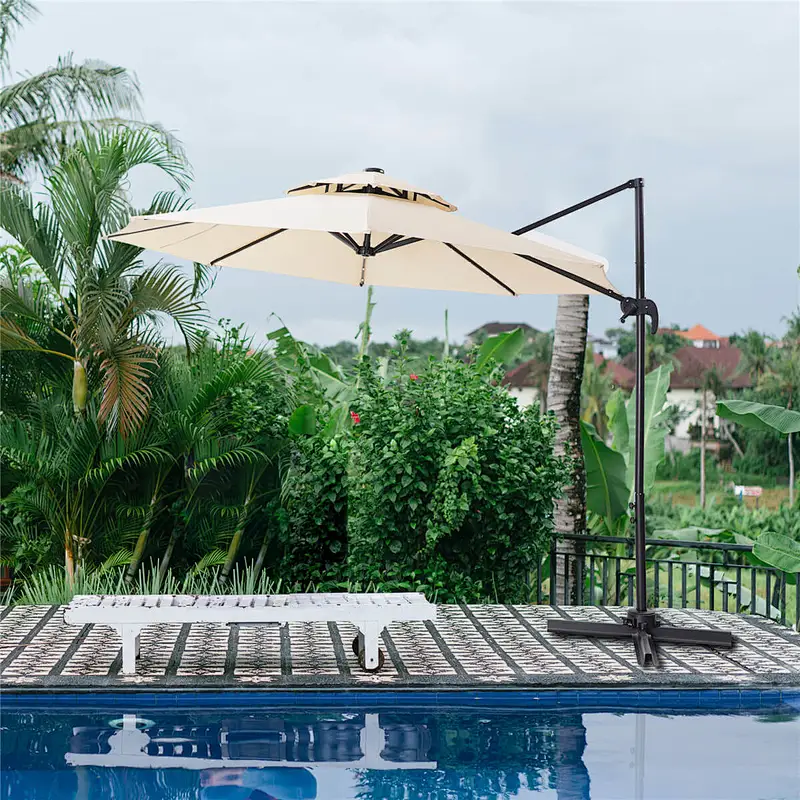 10ft Solar LED Patio Umbrellas Offset Hanging Cantilever Umbrella w/ Easy Tilt