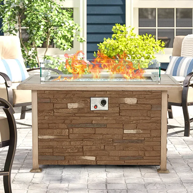 44'' Propane Gas Fire Pit Table 50000 BTU Auto-Ignition w/ Windguard, Aluminum Tabletop,Waterproof Cover, Glass Beads, Coffee