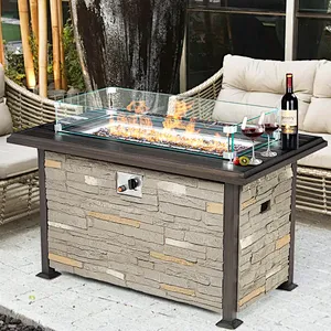 44'' Propane Gas Fire Pit Table 50000 BTU Auto-Ignition w/ Windguard, Aluminum Tabletop,Waterproof Cover, Glass Beads, Gray