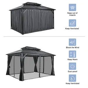 10'x13' Hardtop Patio Gazebo Canopy Polycarbonate Double-Roof w/ Netting Curtains, Black
