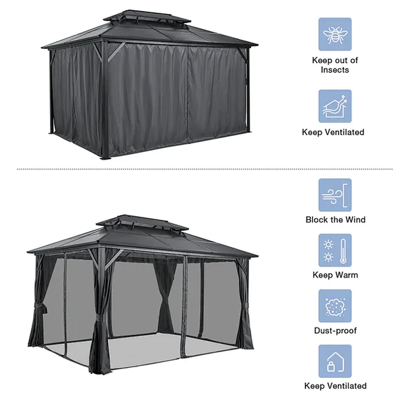 10'x13' Hardtop Patio Gazebo Canopy Polycarbonate Double-Roof w/ Netting Curtains, Black