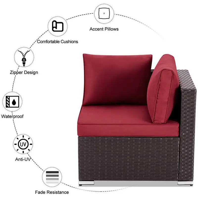7 Pcs Outdoor Sectional Sofa All Weather Patio Furniture Set w/ Red Cushion & Coffee Table