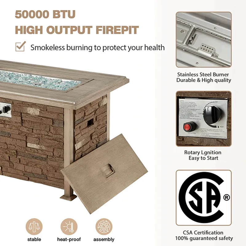 44'' Propane Gas Fire Pit Table 50000 BTU Auto-Ignition w/ Aluminum Tabletop,Waterproof Cover, Glass Beads, Coffee