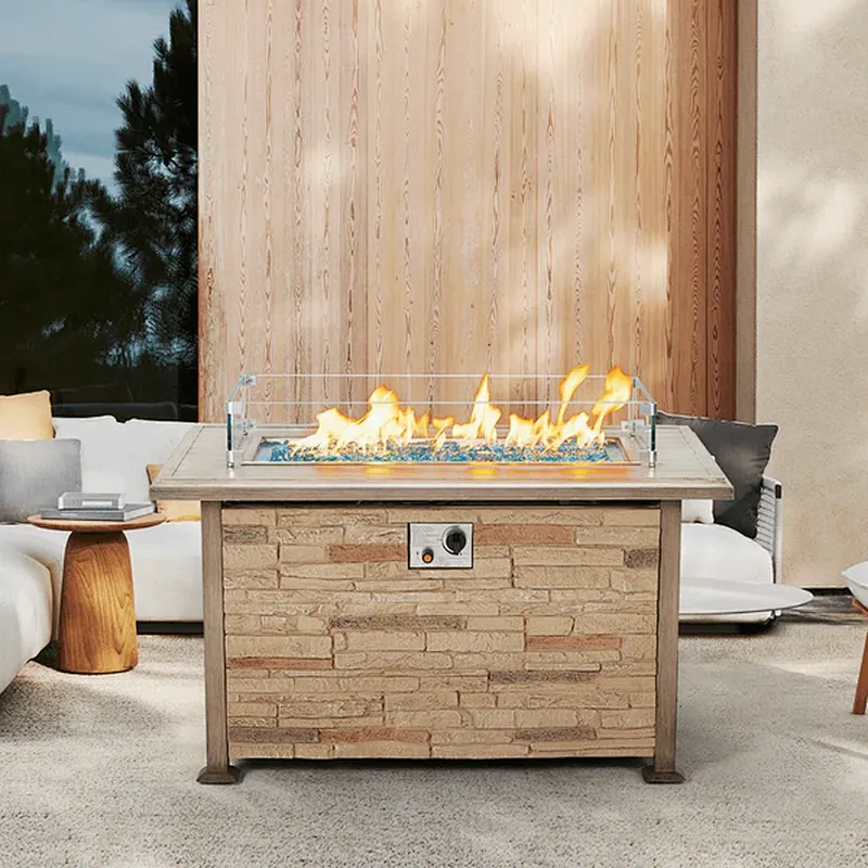 44'' Propane Gas Fire Pit Table 50000 BTU Auto-Ignition w/ Aluminum Tabletop,Waterproof Cover, Glass Beads, Brown