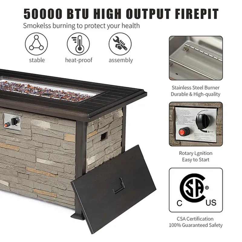 44'' Propane Gas Fire Pit Table 50000 BTU Auto-Ignition w/ Windguard, Aluminum Tabletop,Waterproof Cover, Glass Beads, Gray