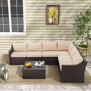 7 Pcs OutdoorPatio Furniture Set All Weather Patio Furniture Set w/ Khaki Cushion & Coffee Table Patio Furniture Set Rattan Sectional Sofa