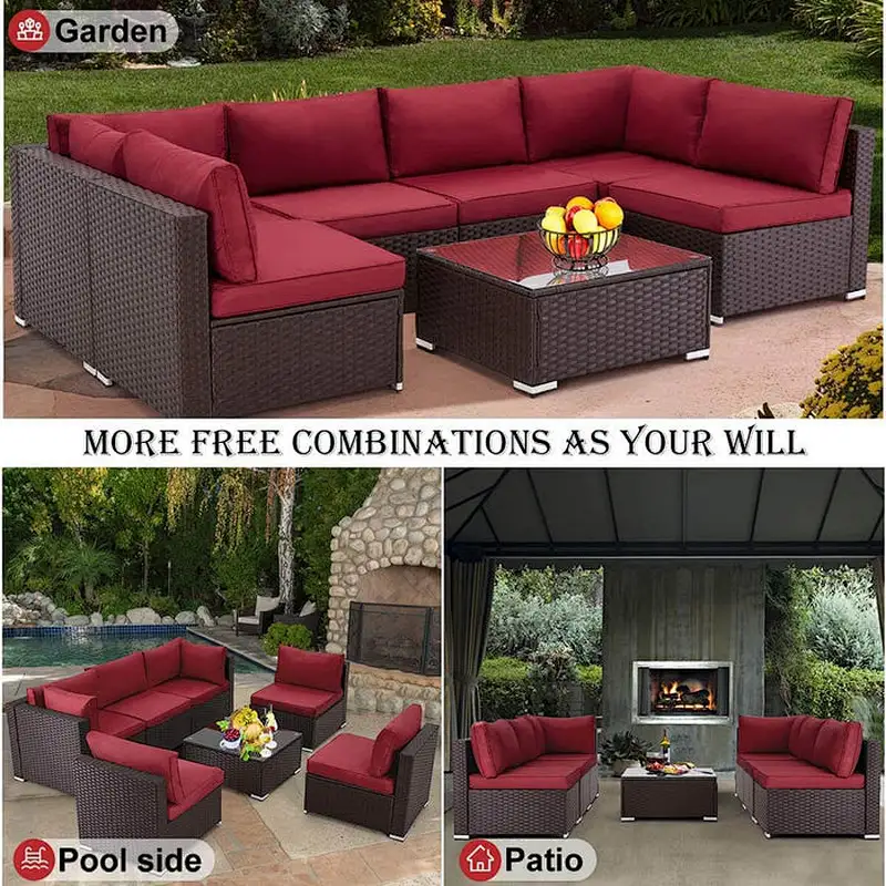 7 Pcs Outdoor Sectional Sofa All Weather Patio Furniture Set w/ Red Cushion & Coffee Table