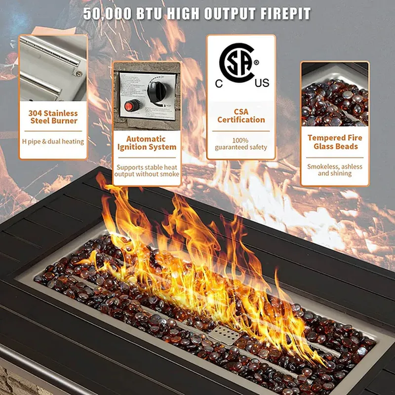 44'' Propane Gas Fire Pit Table 50000 BTU Auto-Ignition w/ Aluminum Tabletop,Waterproof Cover, Glass Beads, Gray