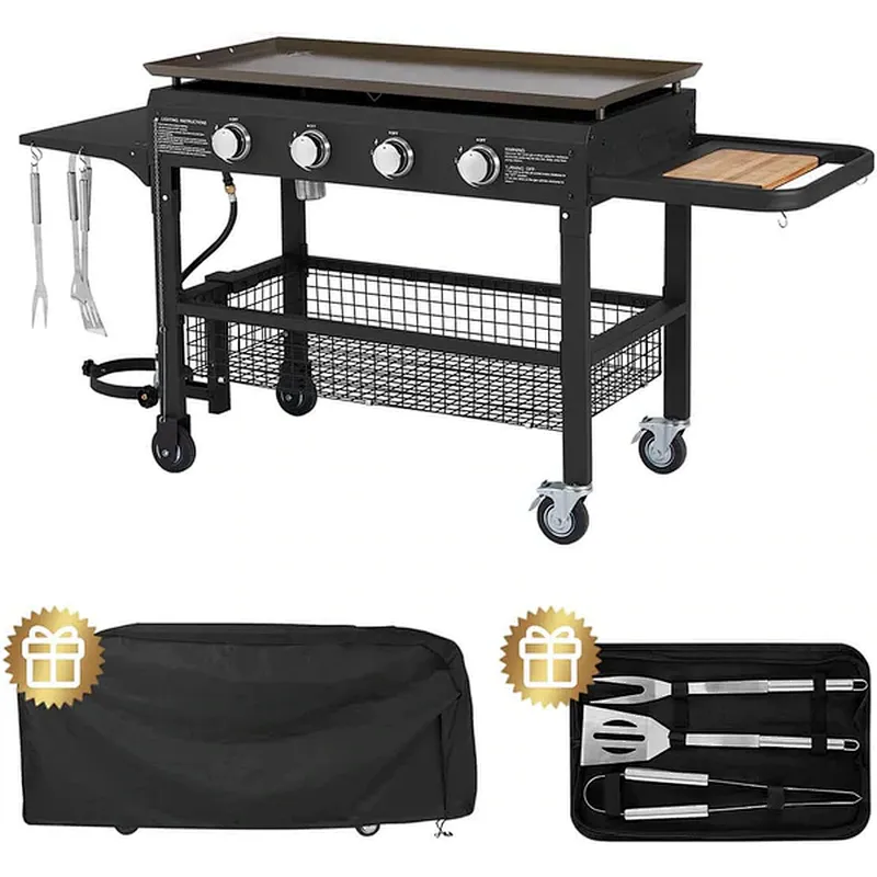 4-Burner Propane Gas Grill with Steel Griddle Flat Top 48000BTU with Foldable Legs
