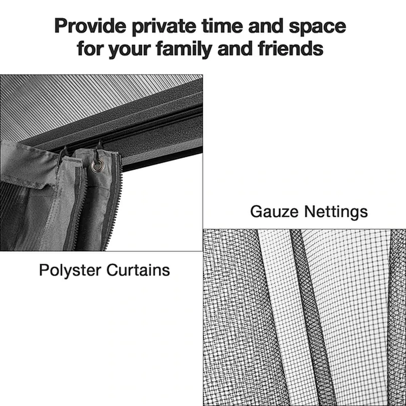 10'x13' Hardtop Patio Gazebo Canopy Polycarbonate Double-Roof w/ Netting Curtains, Black