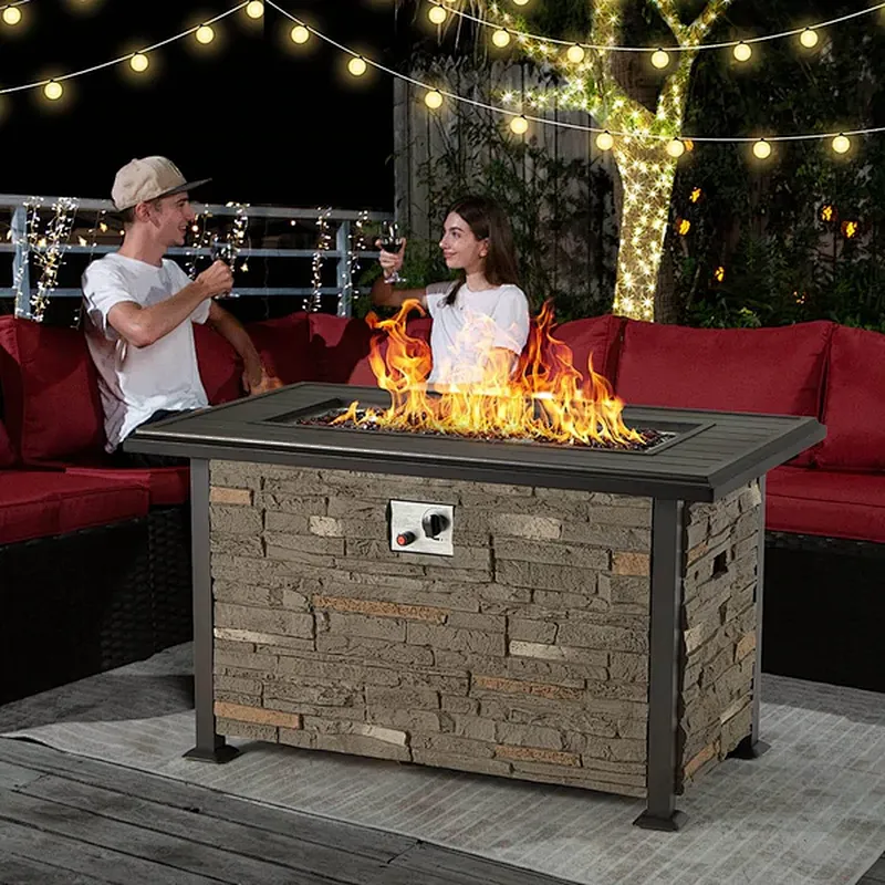 44'' Propane Gas Fire Pit Table 50000 BTU Auto-Ignition w/ Aluminum Tabletop,Waterproof Cover, Glass Beads, Gray