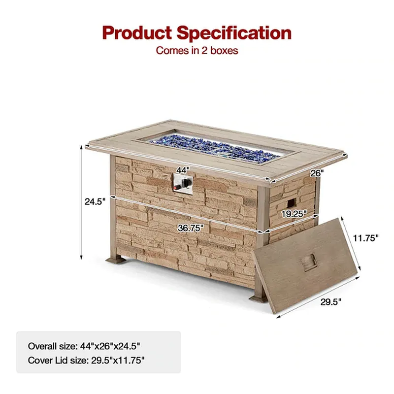 44'' Propane Gas Fire Pit Table 50000 BTU Auto-Ignition w/ Aluminum Tabletop,Waterproof Cover, Glass Beads, Brown