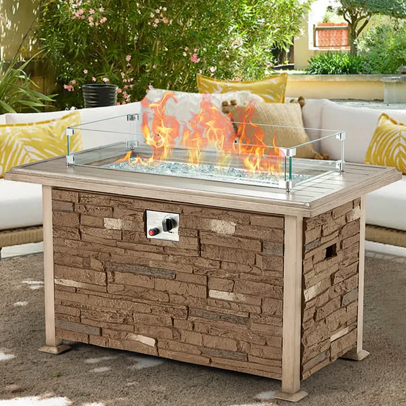 44'' Propane Gas Fire Pit Table 50000 BTU Auto-Ignition w/ Windguard, Aluminum Tabletop,Waterproof Cover, Glass Beads, Coffee