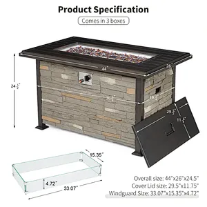 44'' Propane Gas Fire Pit Table 50000 BTU Auto-Ignition w/ Windguard, Aluminum Tabletop,Waterproof Cover, Glass Beads, Gray