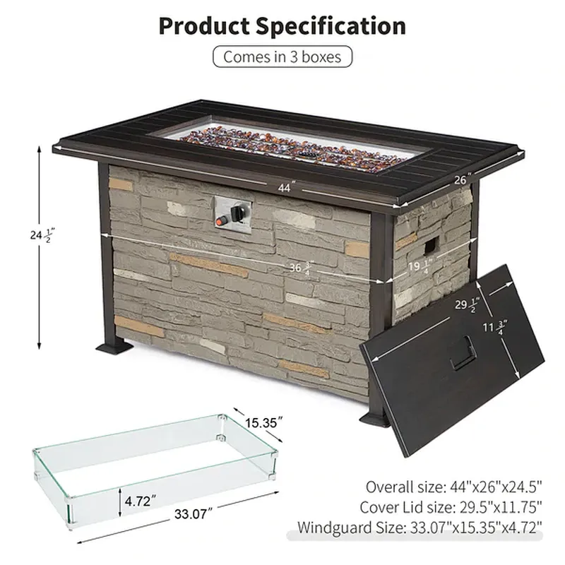 44'' Propane Gas Fire Pit Table 50000 BTU Auto-Ignition w/ Windguard, Aluminum Tabletop,Waterproof Cover, Glass Beads, Gray