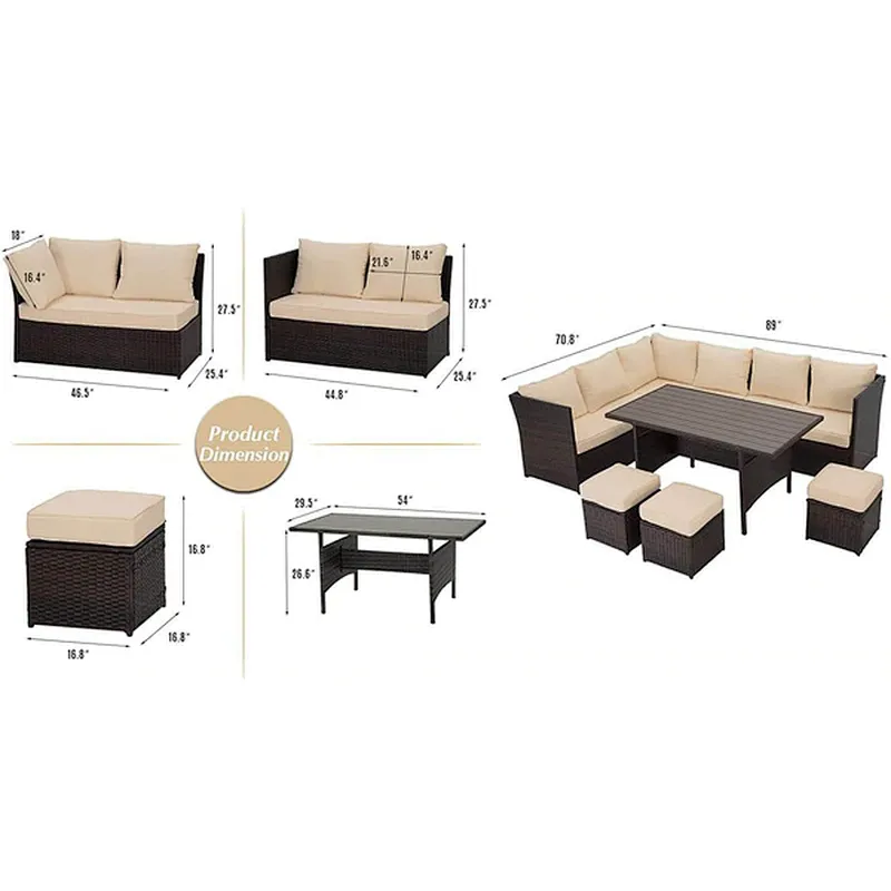 7 Pcs Patio Rattan Sectional Sofa with 44