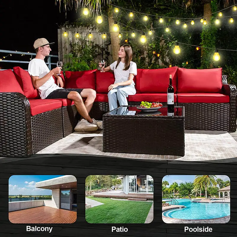 7 Pcs Patio Rattan Sectional Sofa Set w/ Ergonomic Curved Armrest, Red Cushion & Glass Table