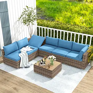 7 Pcs Outdoor Rattan Sectional Sofa w/ Adjustable Bracket, All Weather Patio Furniture Set w/ Blue Cushion & Coffee Table