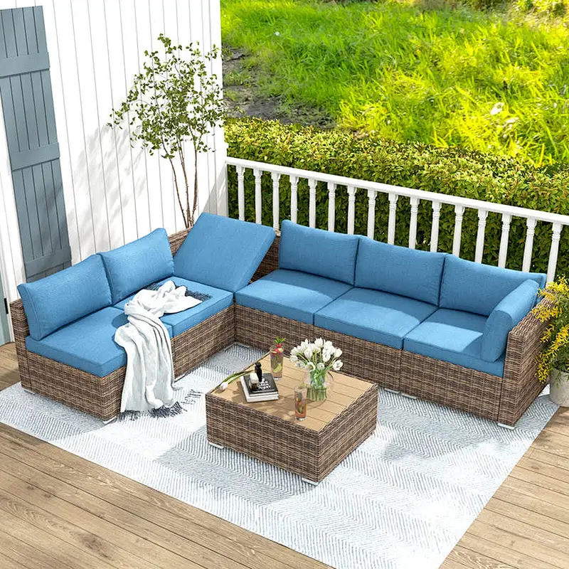 7 Pcs Outdoor Rattan Sectional Sofa w/ Adjustable Bracket, All Weather Patio Furniture Set w/ Blue Cushion & Coffee Table