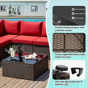 7 Pcs Patio Rattan Sectional Sofa Set w/ Ergonomic Curved Armrest, Red Cushion & Glass Table