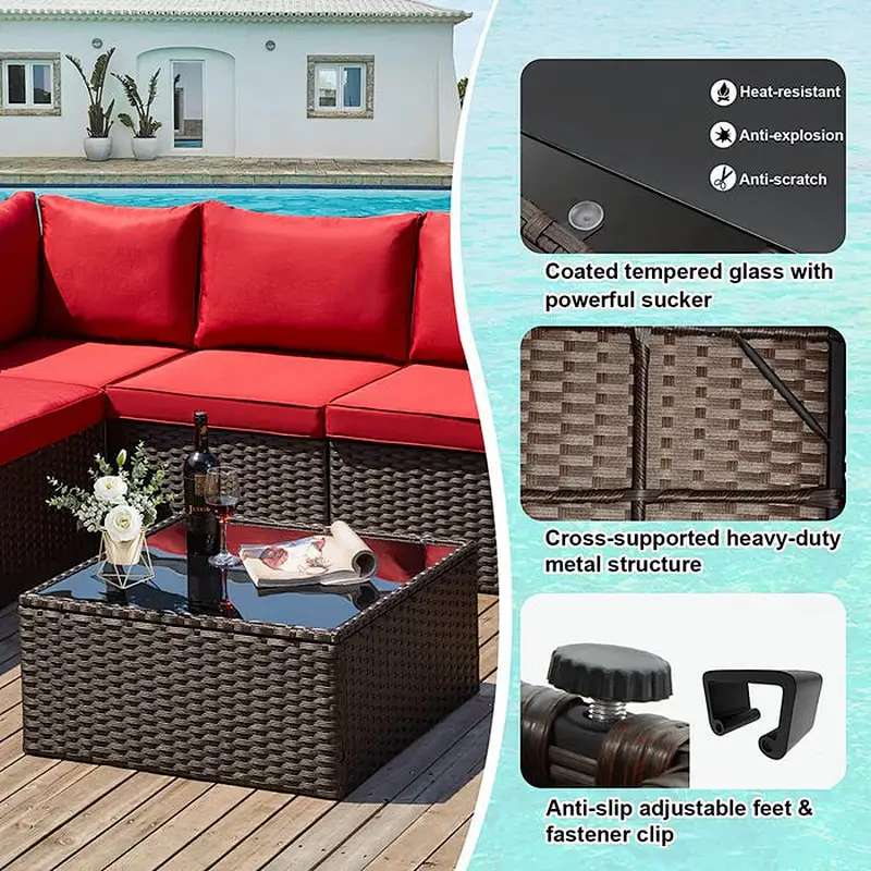 7 Pcs Patio Rattan Sectional Sofa Set w/ Ergonomic Curved Armrest, Red Cushion & Glass Table