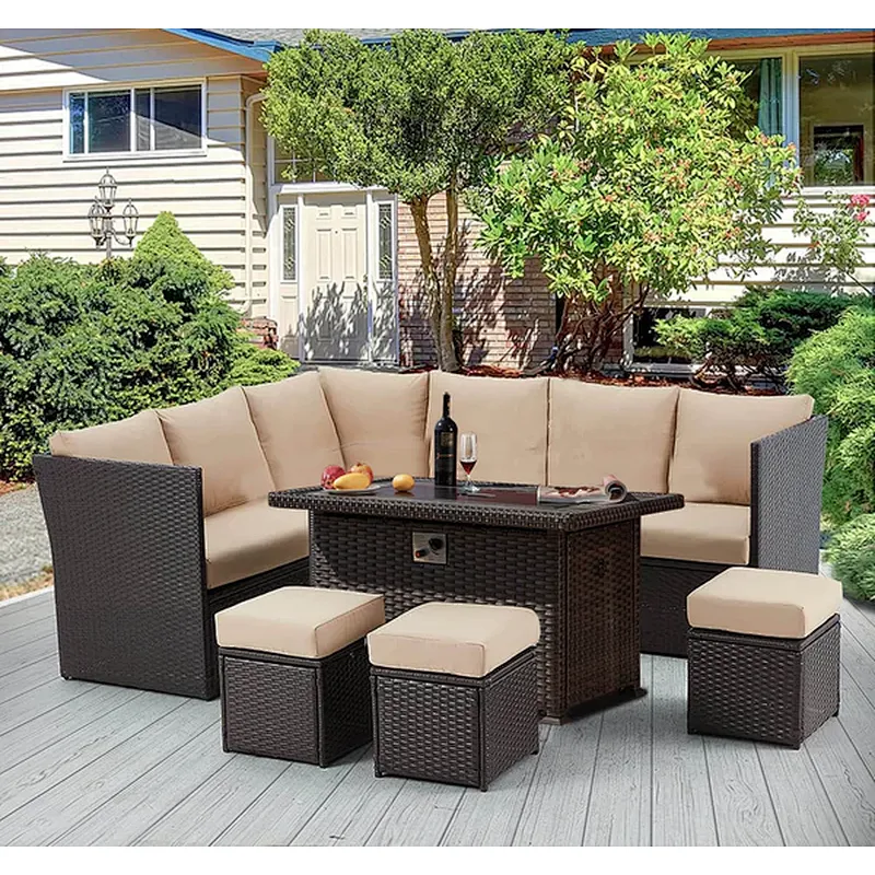 7 Pcs Patio Rattan Sectional Sofa with 44