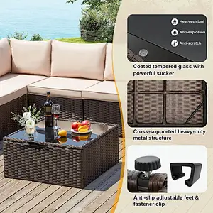 7 Pcs Patio Rattan Sectional Sofa Set w/ Ergonomic Curved Armrest , Khaki Cushion & Glass Table
