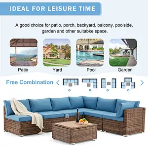 7 Pcs Outdoor Rattan Sectional Sofa w/ Adjustable Bracket, All Weather Patio Furniture Set w/ Blue Cushion & Coffee Table