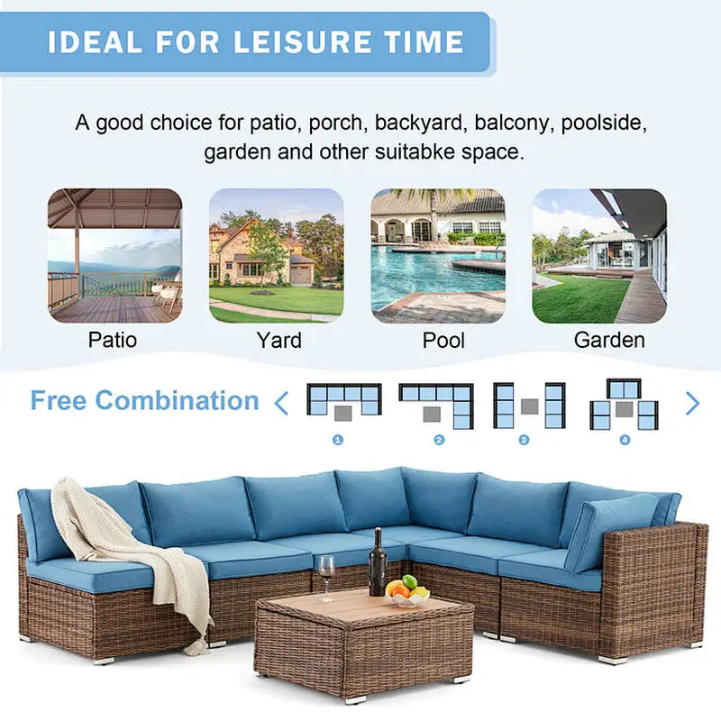 7 Pcs Outdoor Rattan Sectional Sofa w/ Adjustable Bracket, All Weather Patio Furniture Set w/ Blue Cushion & Coffee Table