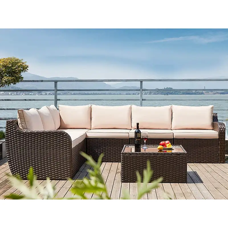 7 Pcs Patio Rattan Sectional Sofa Set w/ Ergonomic Curved Armrest , Khaki Cushion & Glass Table