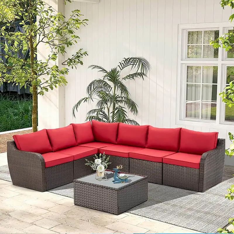 7 Pcs Patio Rattan Sectional Sofa Set w/ Ergonomic Curved Armrest, Red Cushion & Glass Table