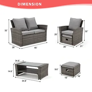 6 Pcs Outdoor Wicker Sofa Chair with 44