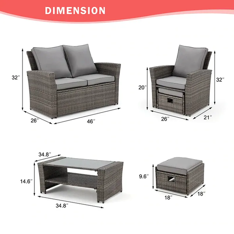 6 Pcs Outdoor Wicker Sofa Chair with 44