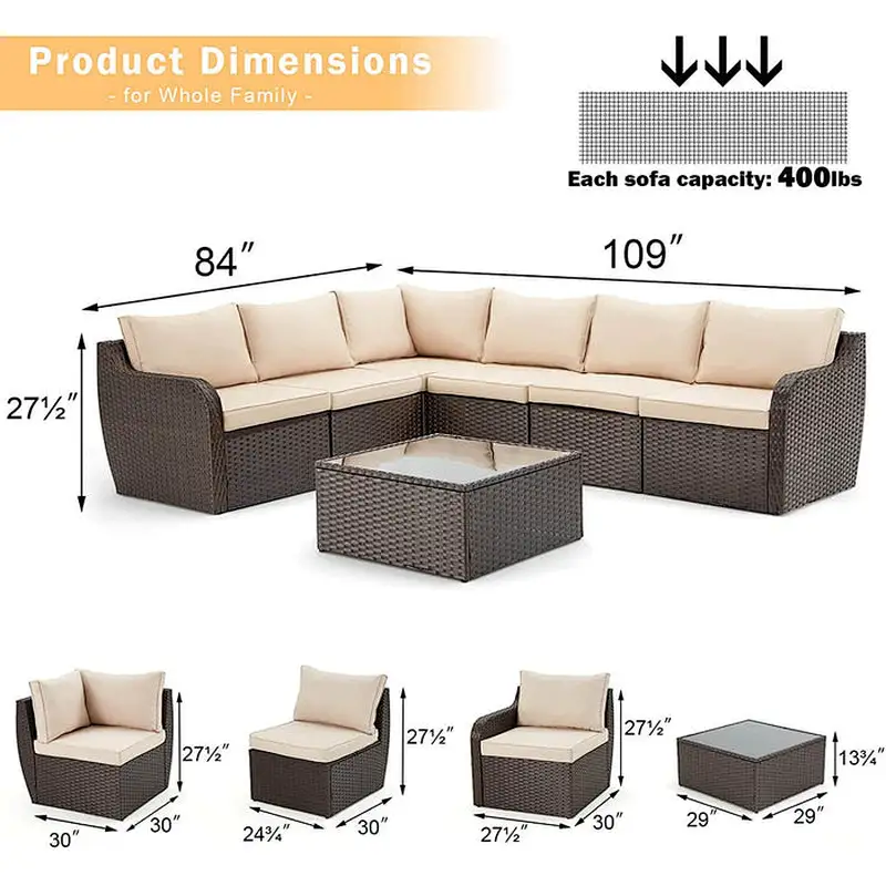 7 Pcs Patio Rattan Sectional Sofa Set w/ Ergonomic Curved Armrest , Khaki Cushion & Glass Table
