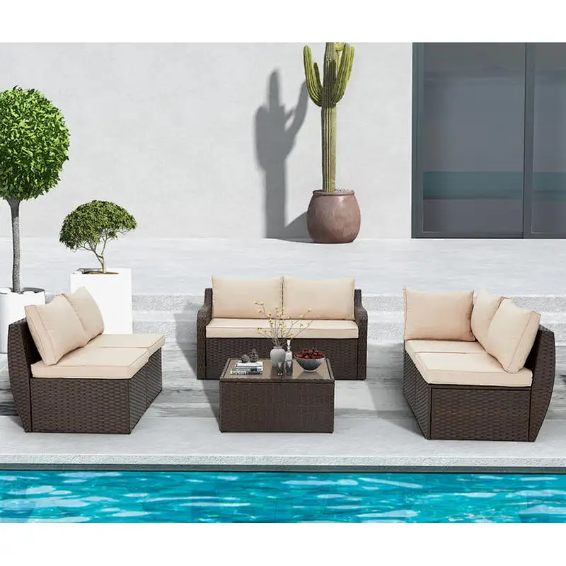 7 Pcs Patio Rattan Sectional Sofa Set w/ Ergonomic Curved Armrest , Khaki Cushion & Glass Table