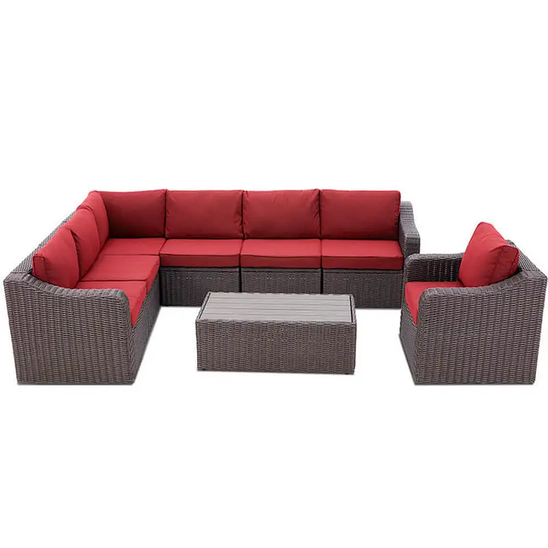 8 Pcs Outdoor Sectional Sofa All-Weather Conversation Set w/ Red Cushion, Coffee Table
