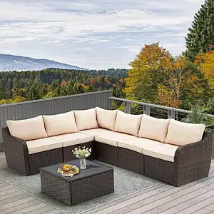 7 Pcs Patio Rattan Sectional Sofa Set w/ Ergonomic Curved Armrest , Khaki Cushion & Glass Table