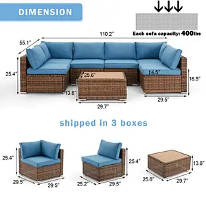 7 Pcs Outdoor Rattan Sectional Sofa w/ Adjustable Bracket, All Weather Patio Furniture Set w/ Blue Cushion & Coffee Table